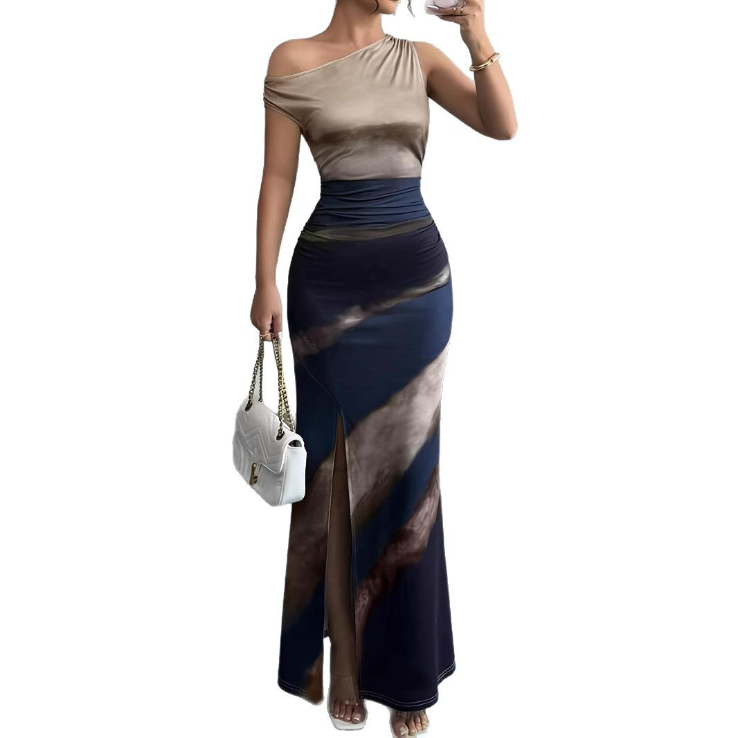 Damen Elegantes Maxikleid mit asymmetrischem Ausschnitt und seitlichem Schlitz EB