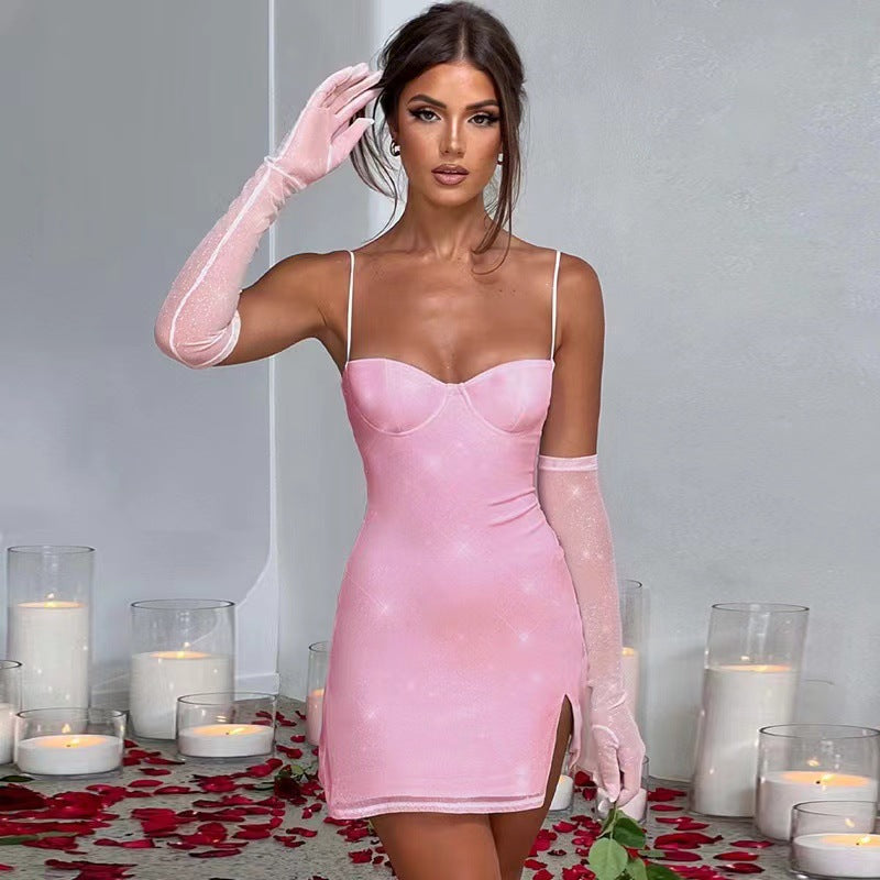 Damen Glamouröses Minikleid mit schimmerndem Oberteil und taillierter Silhouette EB