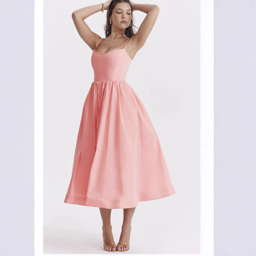 Damen elegantes Midikleid mit Spaghetti-Trägern und fließendem Rock EB