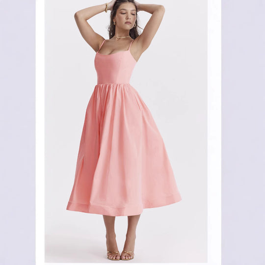 Damen elegantes Midikleid mit Spaghetti-Trägern und fließendem Rock EB