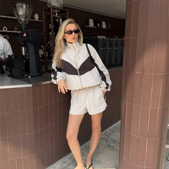 Damen nan lässiges Athleisure-Set mit windabweisender Kurzjacke, Stehkragen und elastischen Highwaist-Shorts EB