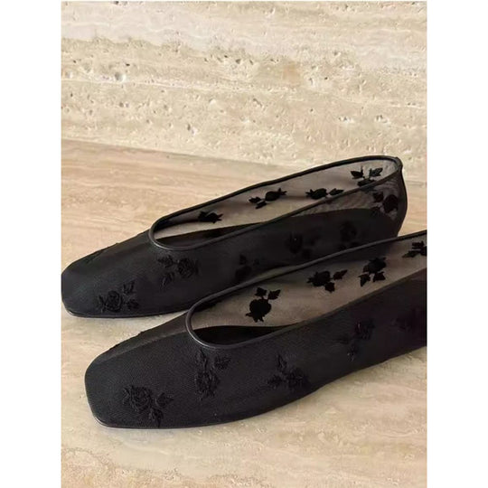 Damen Bestickte Mesh-Ballerinas mit quadratischer Zehenpartie und Rosenstickerei EB