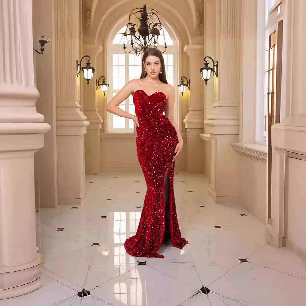 Damen glamouröses Abendkleid mit schulterfreiem Design und schimmernden Pailletten EB