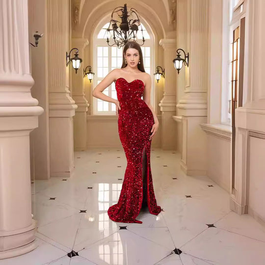 Damen glamouröses Abendkleid mit schulterfreiem Design und schimmernden Pailletten EB