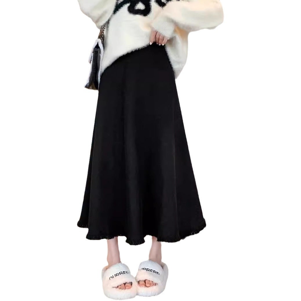 Damen Maxirock aus weichem, strukturiertem Strickstoff mit fransigem Saum EB