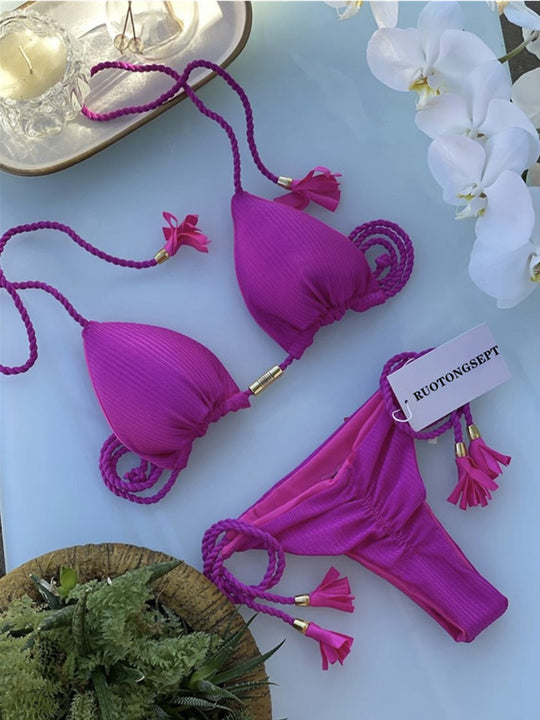 Damen Triangel-Bikini mit modischem Leopardenmuster und dekorativen Quasten EB