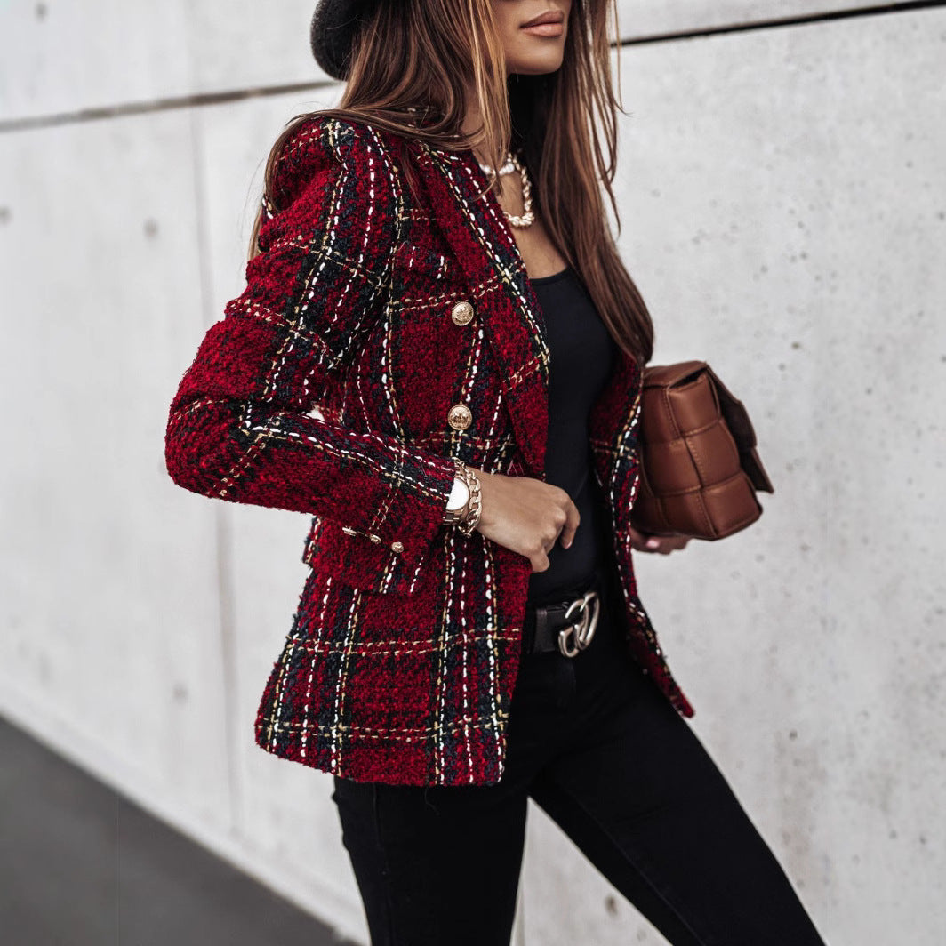 Damen Modischer Tweed-Blazer mit doppelter Knopfleiste und strukturiertem Gewebe EB