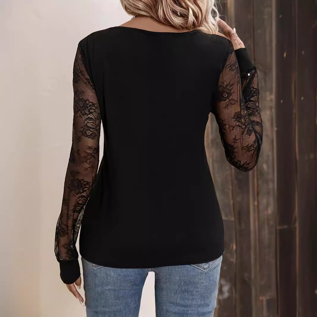 Damen Langarmshirt mit eleganter Spitze und V-Ausschnitt EB