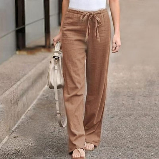 Damen Weite Lounge-Hose mit hohem Gummibund und dekorativem Bindeband EB
