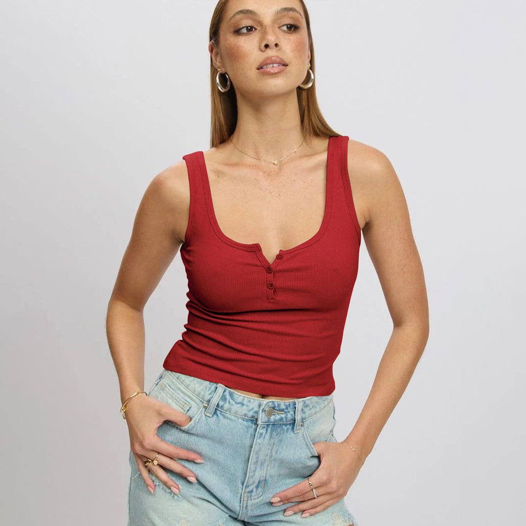 Damen körperbetontes Ripp-Top mit Knopfleiste und weitem Ausschnitt EB