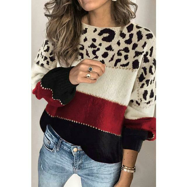 EB | Pullover - Damen Herbst Leopard Patchwork Strickpullover