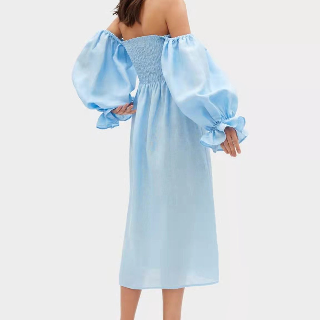 Damen Maxikleid mit Puffärmeln und elastischem Taillenbund EB