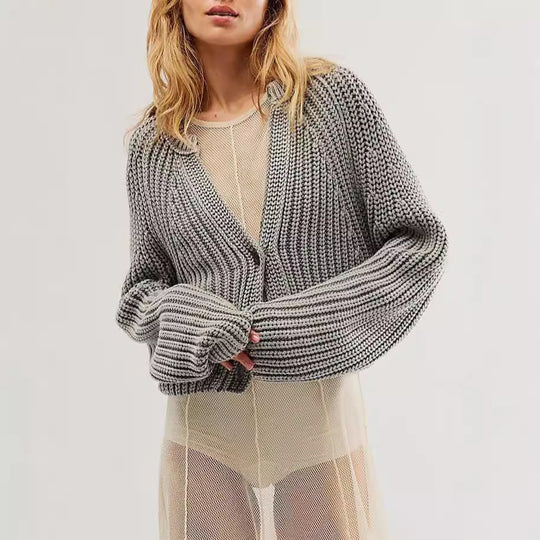 Damen lässige Strickjacke mit dekorativem Knopfverschluss und voluminösen Ärmeln EB