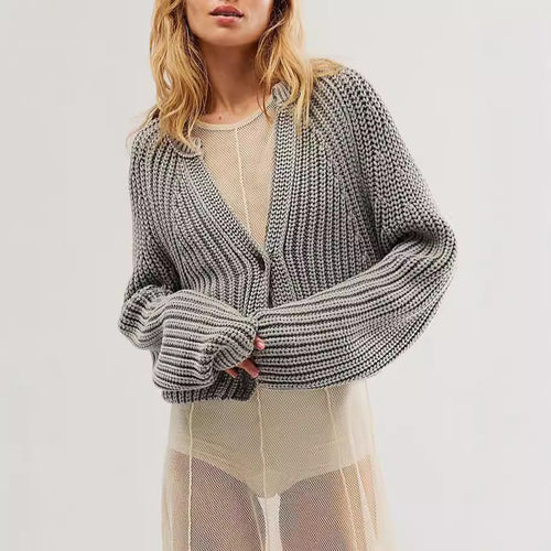 Damen lässige Strickjacke mit dekorativem Knopfverschluss und voluminösen Ärmeln EB