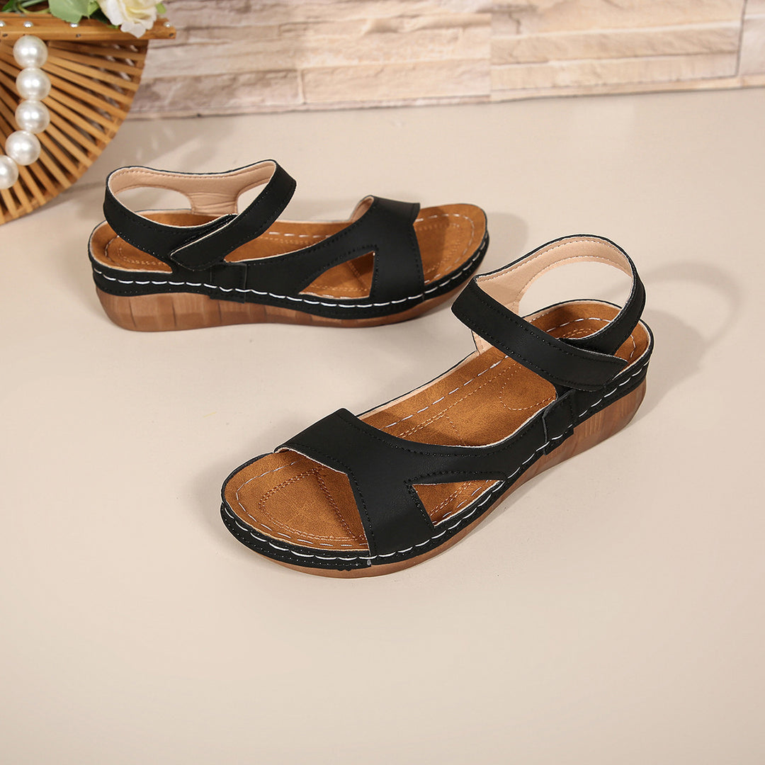 Damen Bequeme Wedge-Sandalen mit breitem Riemen und floralem Design EB