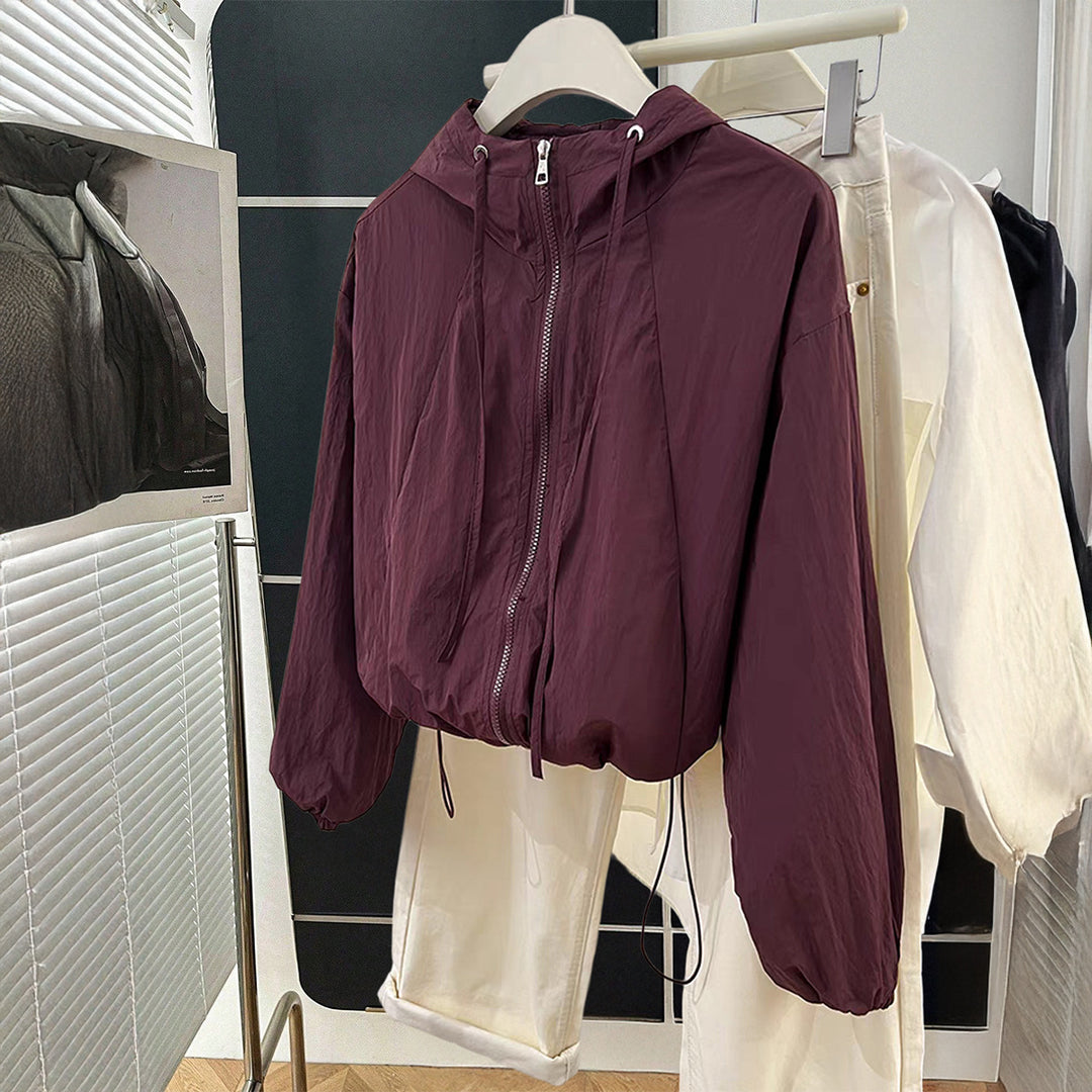 Damen nan leichtgewichtige Kapuzen-Übergangsjacke mit Tunnelzugbündchen und Ballonärmeln EB