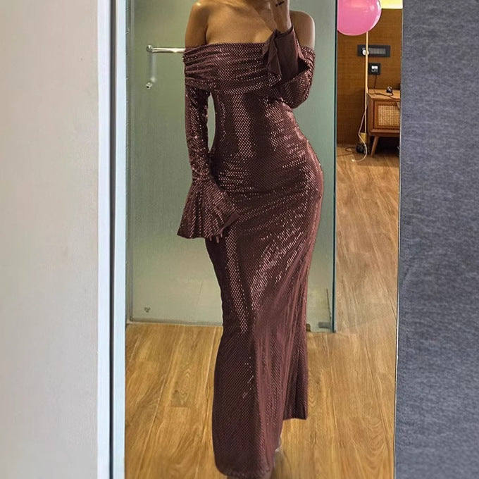 Damen Elegantes Abendkleid mit schulterfreiem Design und ausgestellten Ärmeln EB