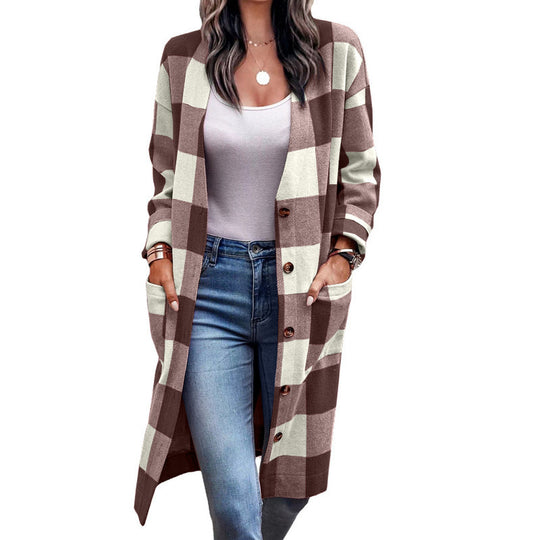 Damen Checkered Cardigan im lässigen Oversized-Stil mit praktischen Taschen EB