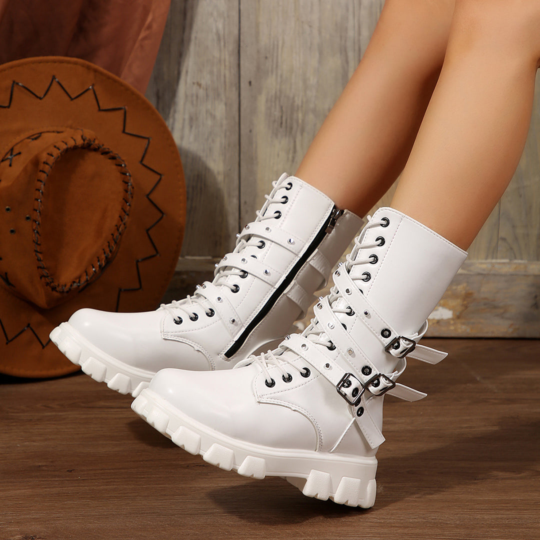 Damen Modische Schnürstiefeletten mit verstellbaren Riemen und robuster Sohle EB