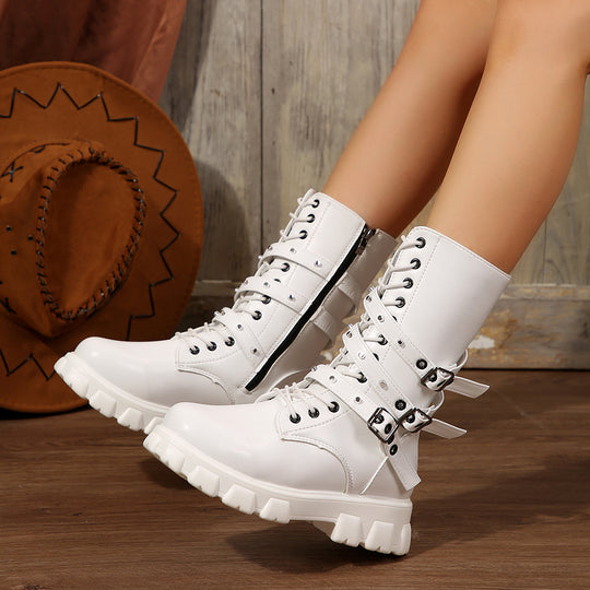 Damen Modische Schnürstiefeletten mit verstellbaren Riemen und robuster Sohle EB
