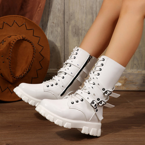Damen Modische Schnürstiefeletten mit verstellbaren Riemen und robuster Sohle EB