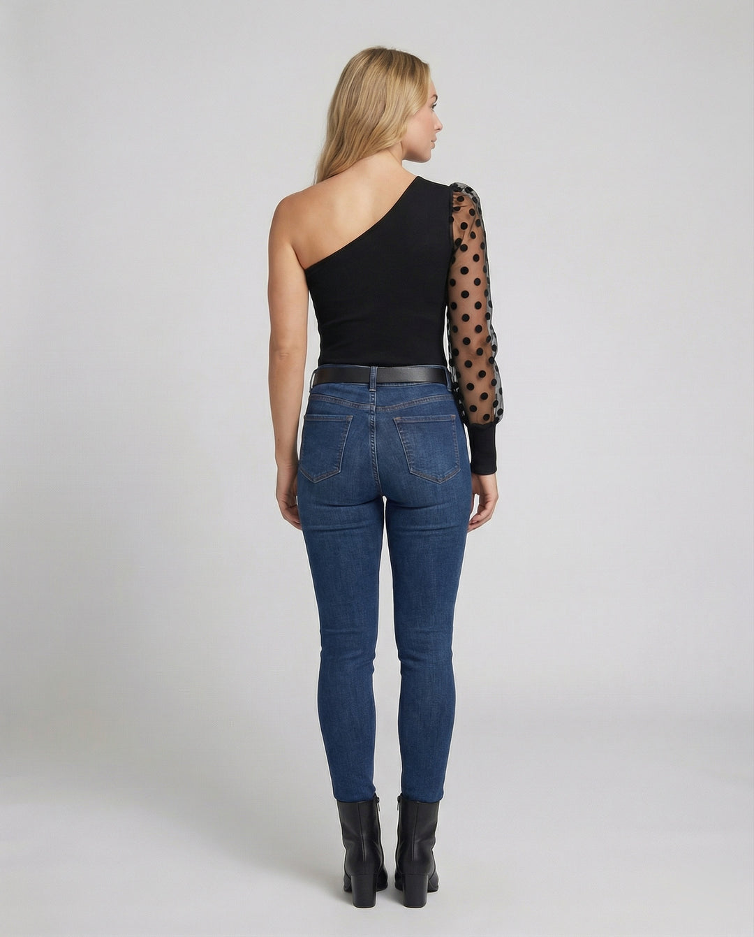 Damen Elegantes Bodysuit mit asymmetrischem Schnitt und transparentem Puffärmel EB