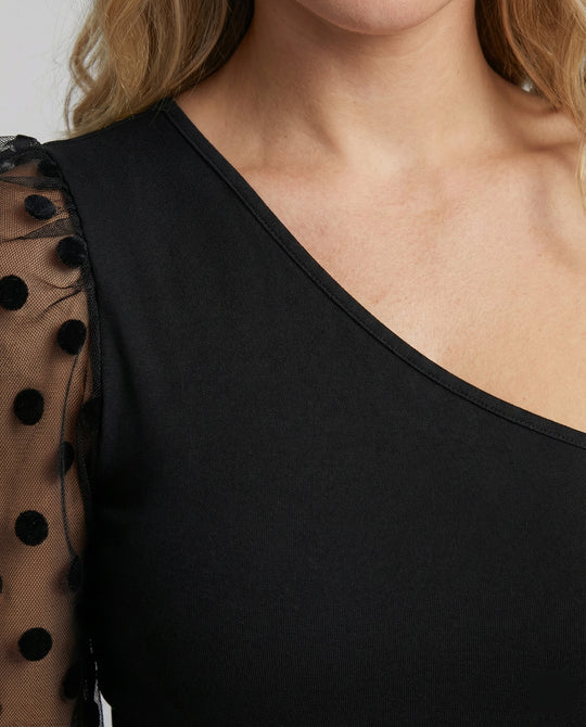Damen Elegantes Bodysuit mit asymmetrischem Schnitt und transparentem Puffärmel EB