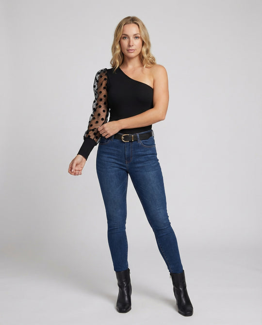 Damen Elegantes Bodysuit mit asymmetrischem Schnitt und transparentem Puffärmel EB