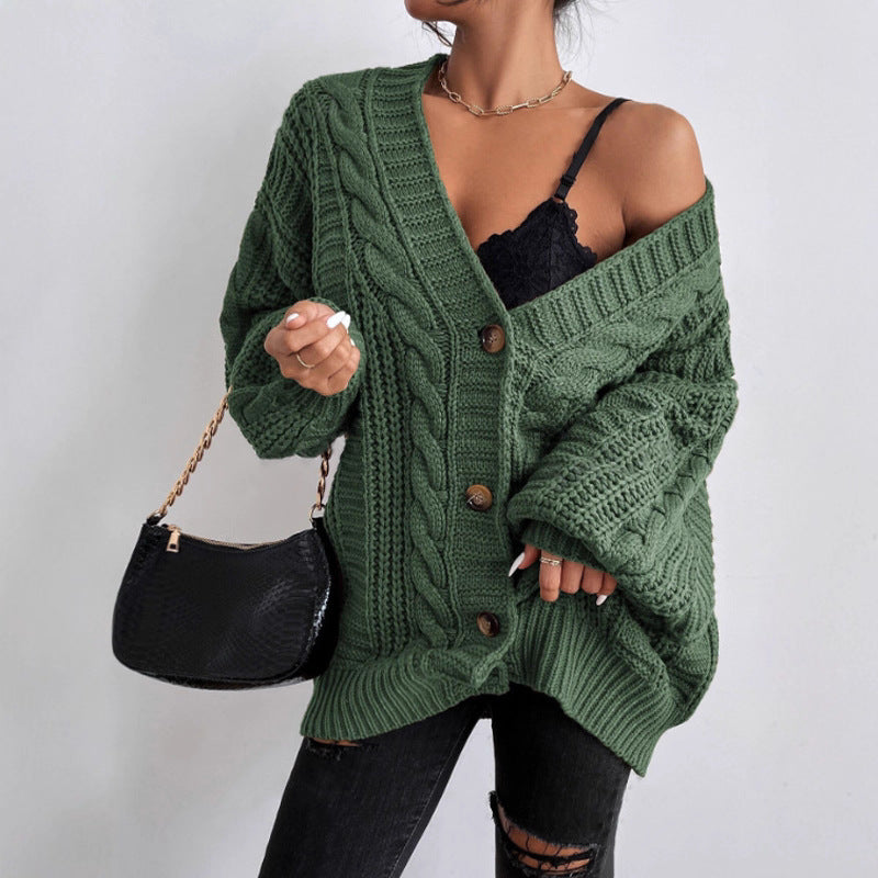 Damen Grobstrick Cardigan mit weiten Ärmeln und Knopfdetails EB