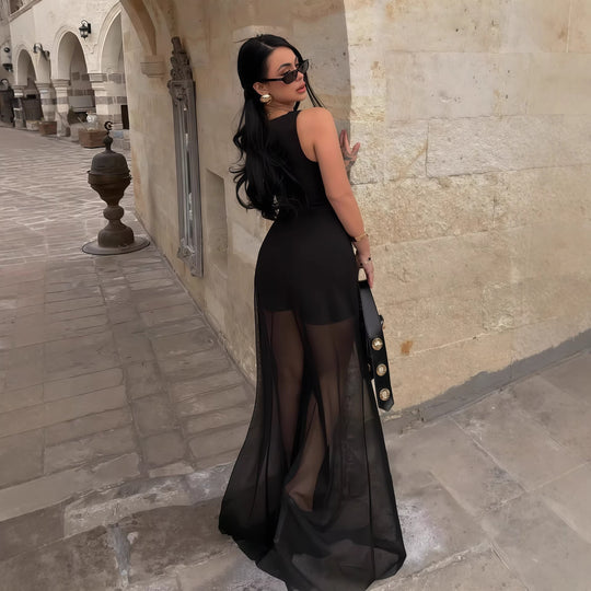 Damen Elegantes Maxi-Kleid mit transparentem Chiffon-Überwurf und figurbetontem Inneren EB