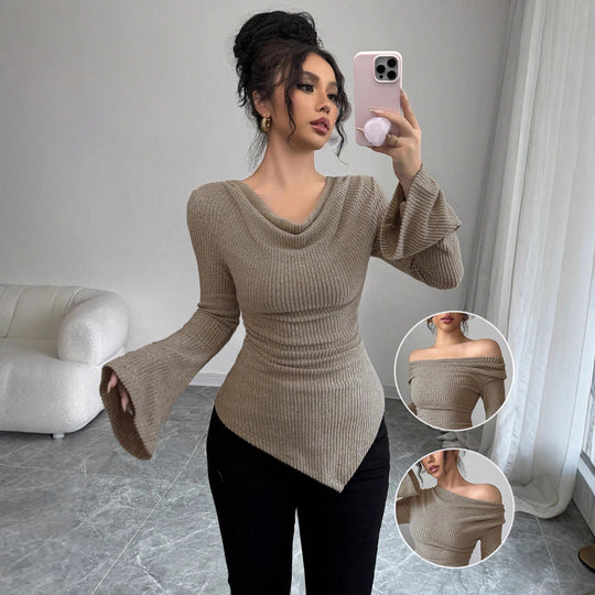 Damen elegantes Ripp-Oberteil mit asymmetrischem Saum und schulterfreiem Design EB