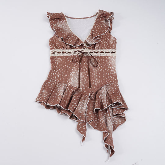 Damen asymmetrisches Sommerkleid mit Rüschen und Spitzenakzenten EB