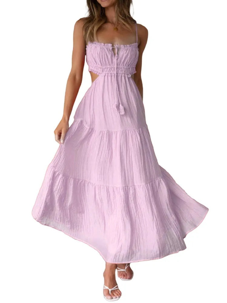 Damen luftiges Maxikleid mit Rüschendetails und verstellbarem Taillenband EB