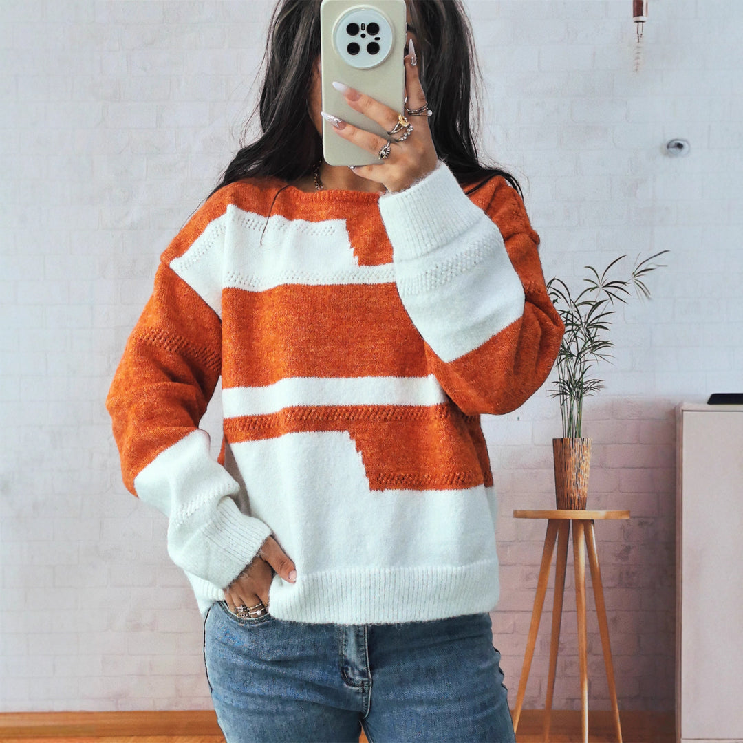 Damen Grobstrickpullover mit modischem Streifenmuster und weitem Schnitt EB