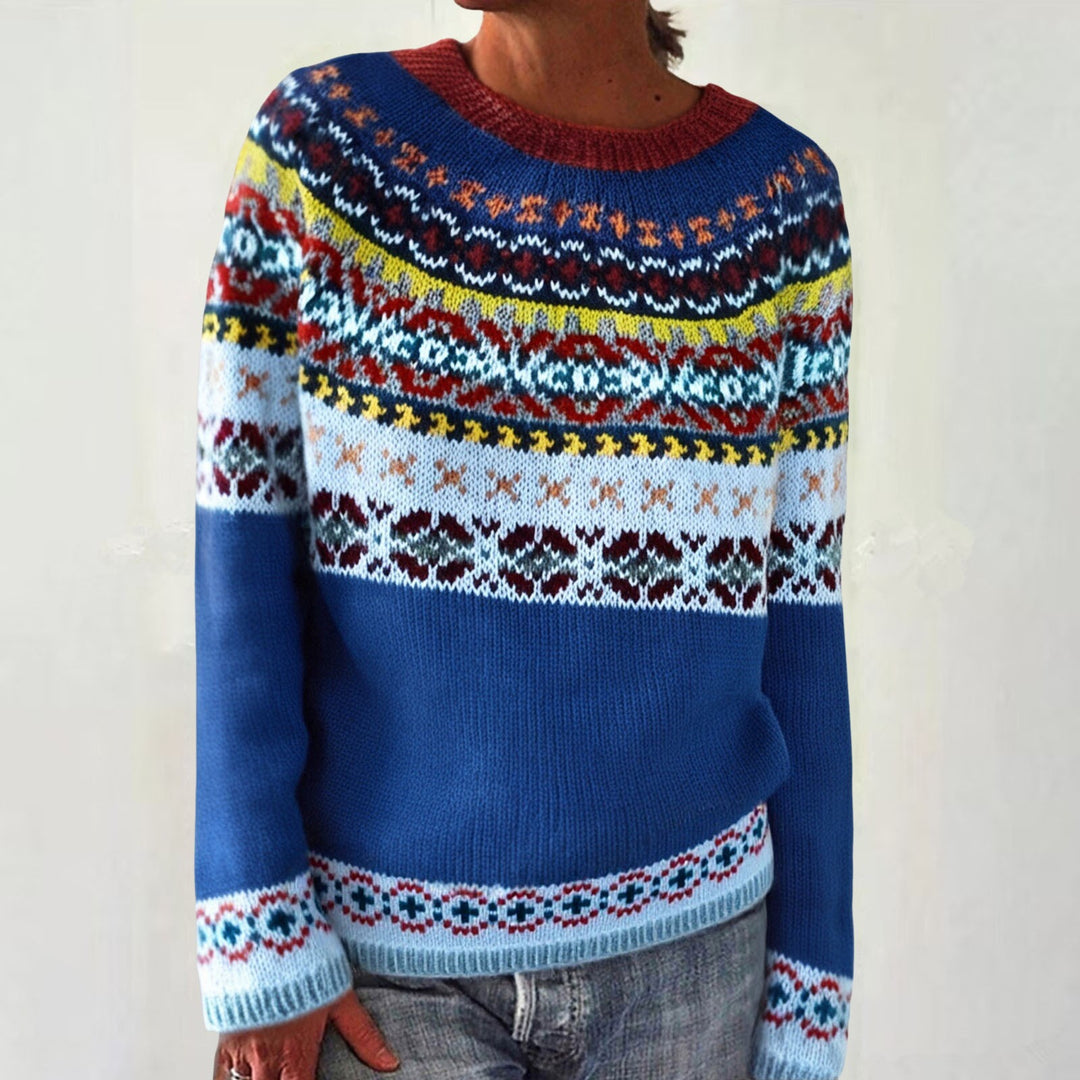 Damen nan melierter Rundhalsausschnittpullover mit kreisförmigem Jacquard-Yoke und geripptem Saum EB