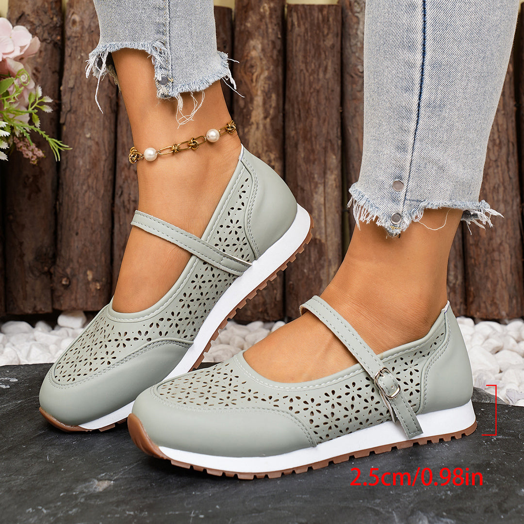 Damen Atmungsaktive Ballerinas mit elegantem Lochmuster und verstellbarem Riemen EB