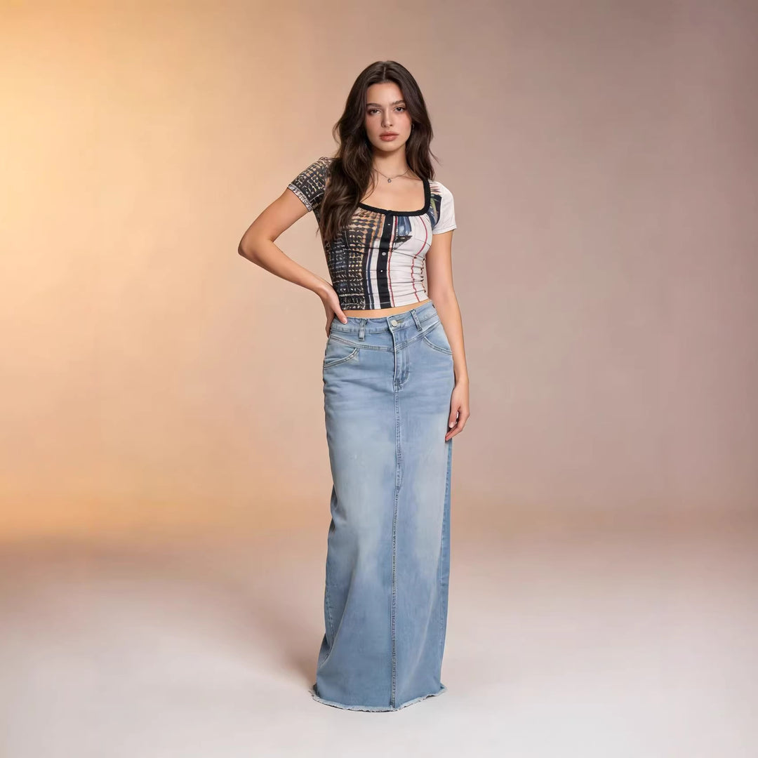 Damen nan langer High-Waist Denim-Maxirock mit gerader Silhouette und rohem Saum EB