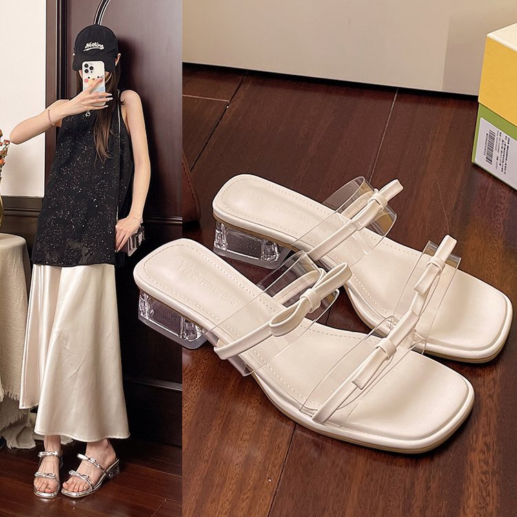 Damen elegante Riemensandalen mit transparentem Riemen und dekorativem Schleifenakzent EB