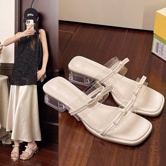 Damen elegante Riemensandalen mit transparentem Riemen und dekorativem Schleifenakzent EB