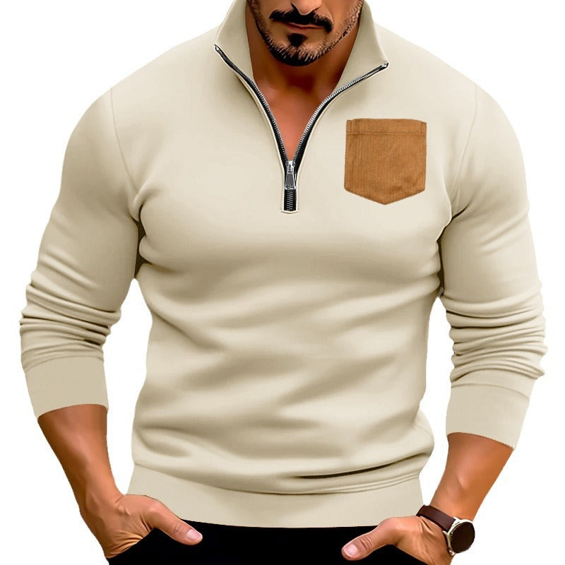 Herren modischer Pullover mit halbem Reißverschluss und stilvoller Brusttasche EB