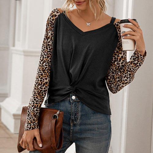 Damen lässiges T-Shirt mit Leopardenärmel und modischem Knoten EB