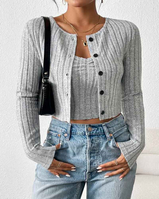 Damen lässige Strickjacke im schmalen Rippdesign mit Knopfleiste EB
