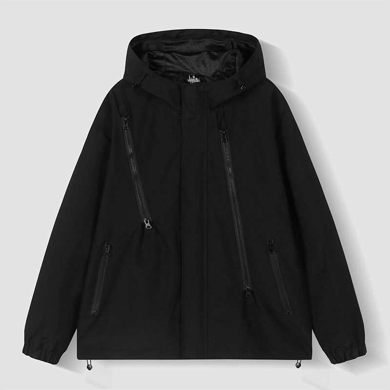 Herren wasserabweisende Kapuzenjacke mit diagonal verlaufenden Reißverschlüssen und verstellbarem Saum EB