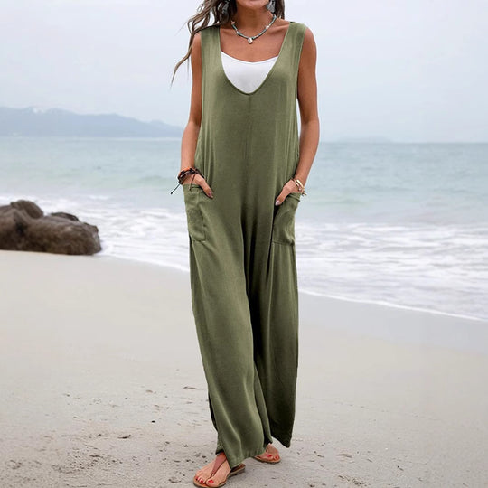 Damen Weit geschnittene Sommer-Jumpsuit mit praktischen Taschen und V-Ausschnitt EB