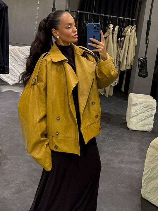 Damen Oversized Kunstlederjacke mit doppelter Knopfleiste und modischem Schnitt EB