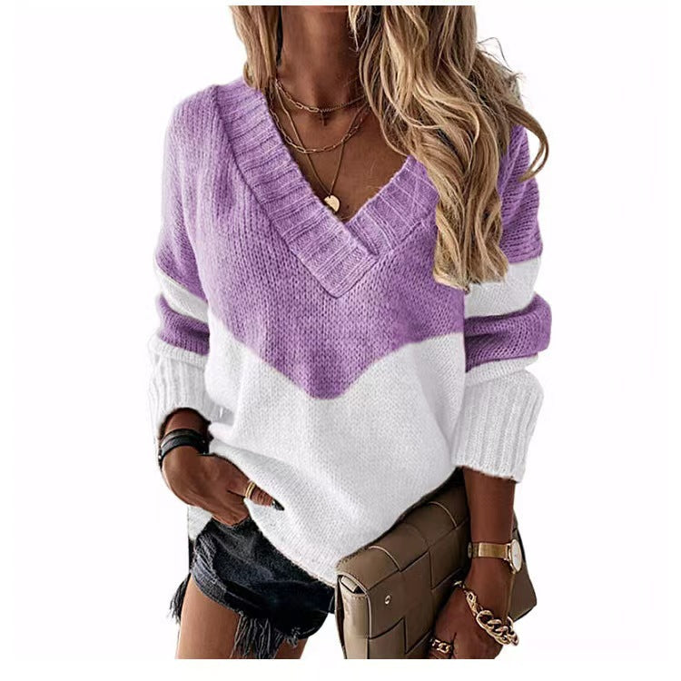 Damen Strickpullover mit V-Ausschnitt und trendigen Farbblockmustern EB
