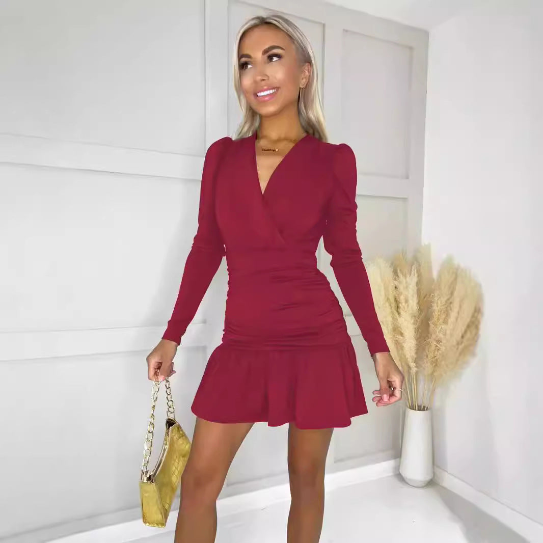 Damen Figurumspielendes Wickelkleid mit langen Ärmeln und Rüschensaum EB