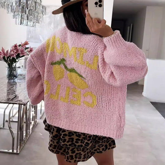 Damen Strickjacke mit fröhlichem Ananas-Motiv und oversized Schnitt EB