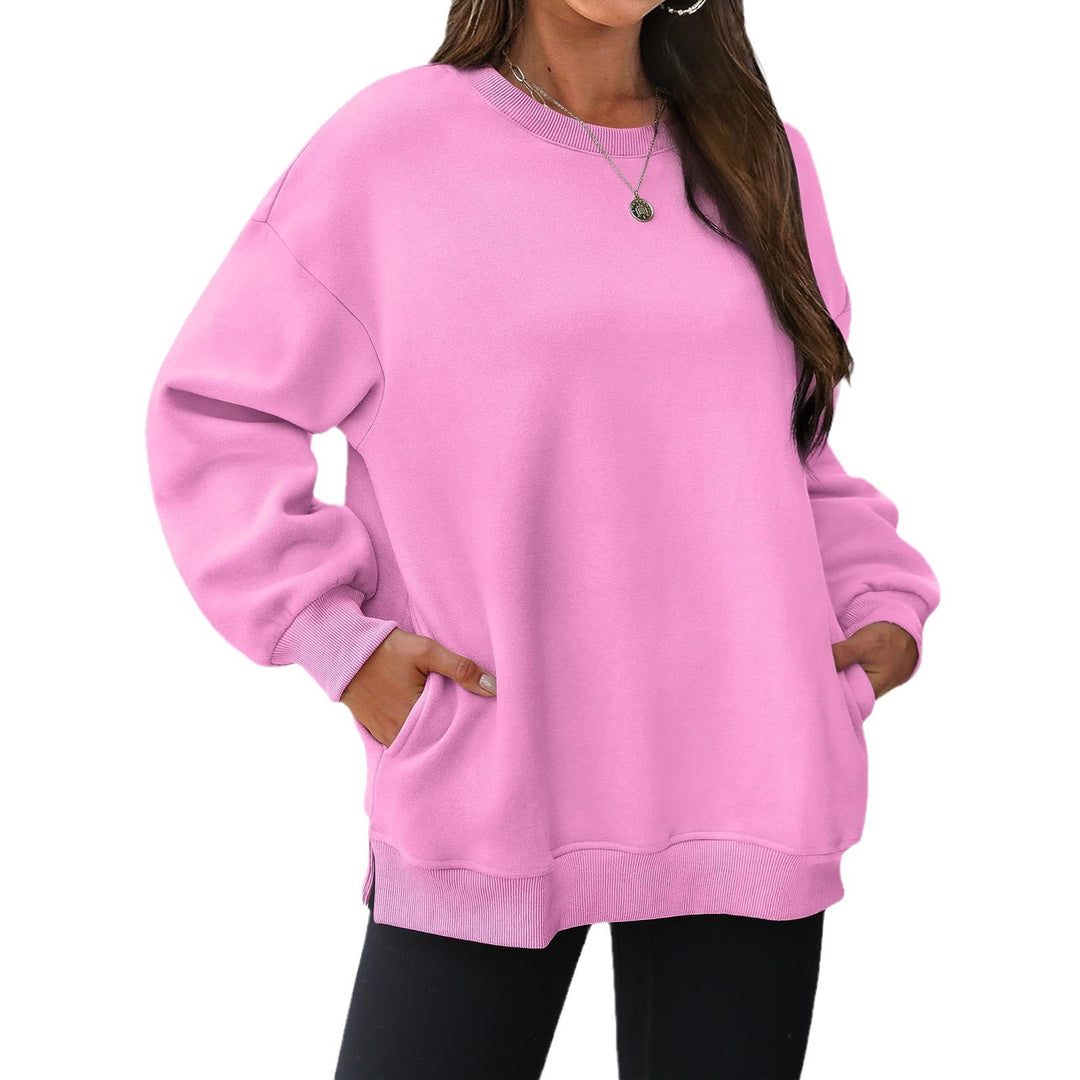 Damen nan verlängertes Oversize Rundhalspullover mit seitlichen Eingrifftaschen, Rippbündchen und überschnittener Schulter EB