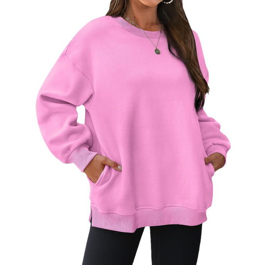 Damen nan verlängertes Oversize Rundhalspullover mit seitlichen Eingrifftaschen, Rippbündchen und überschnittener Schulter EB